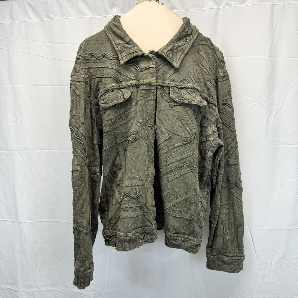 Chicos Jacket 3 XL Shacket Olive Green Ribbons Embroidered  Art To Wear Boho